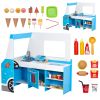 Ice Cream Cart for Kids, 20+ PCS Ice Cream Truck Wooden Playset, Pretend Play Stand with Steering Wheel & Chalkboard, Payment Scanner & Freezer