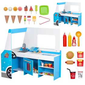 Ice Cream Cart for Kids, 20+ PCS Ice Cream Truck Wooden Playset, Pretend Play Stand with Steering Wheel & Chalkboard, Payment Scanner & Freezer