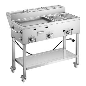 Outdoor Propane Griddle, 3 Burners (11,600 BTU Each), Commercial Stainless Steel Griddle with Two 1/3 Size Food Warming Pans