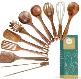 10 Pack Wooden Utensils for Cooking, Wood Utensil Set for Kitchen, Teak Wooden Spoon for Cooking, Non-Stick Spatula Ladle