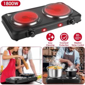 2000W Electric Infrared Dual Burner Portable Heating Hot Plate Stove Countertop RV Hotplate with 7.5' & 6.3' Glass Cooktop Stepless Temperature Adjust (Option: Black)