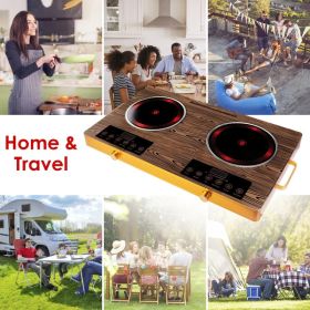 Portable Electric Double Burner 7000W, 110V Countertop Hot Plates with Smooth Heat-Resistant Glass Surface (Easy to Clean), 4 Preset Cooking Modes, 0- (Option: Wood)