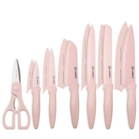 Kitchen Knife Set With Guards, 13 Piece Pink Non-Stick Boxed Knives Set, Anti-Rust And Dishwasher Safe, 6 Knives With 6 Blade Covers And Kitchen Shear (Option: pink)